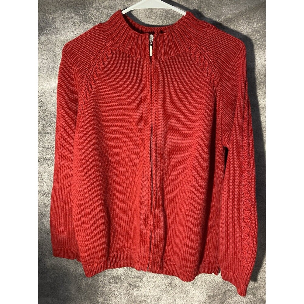 Vtg Liz Claiborne Lizsport Petite M Red Cotton Zip Up Cardigan Sweater Chunky